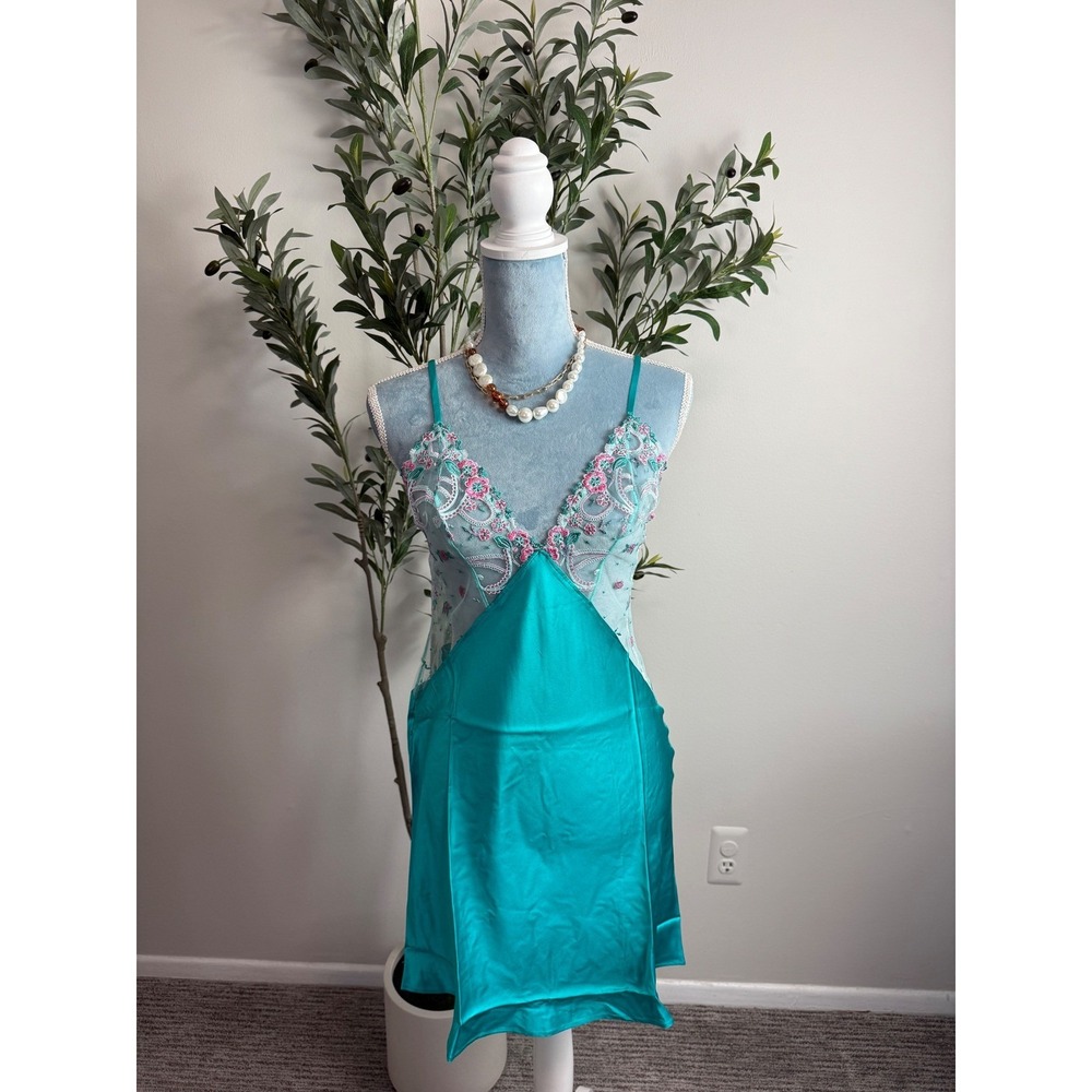 Cosabella Teal 100% Silk Delicate Floral Embroidered Mesh Chemise Nightgown M - Picture 9 of 13